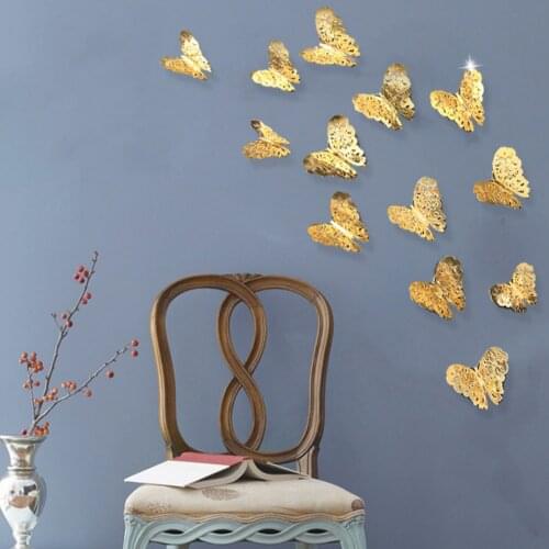12pcs/set Hollow 3D Butterfly Wallpapers for Wedding Decoration Living Room Window Home Decor Gold silver Butterflies stickers