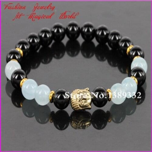 2017 New Design Buddha Bracelets 8mm Black Onyx Nature Beads Bracelet Blue Crystal Nature Bracelet Yoga Meditation Bracelet