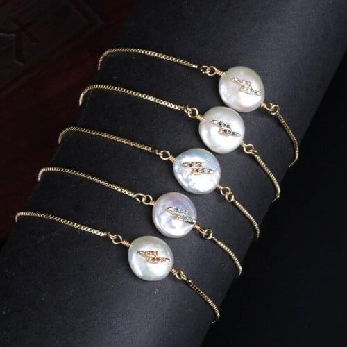 Tiny gold cz crystal paved lightning flash charm natural freshwater pearl bead connector thin link dainty bracelet for women