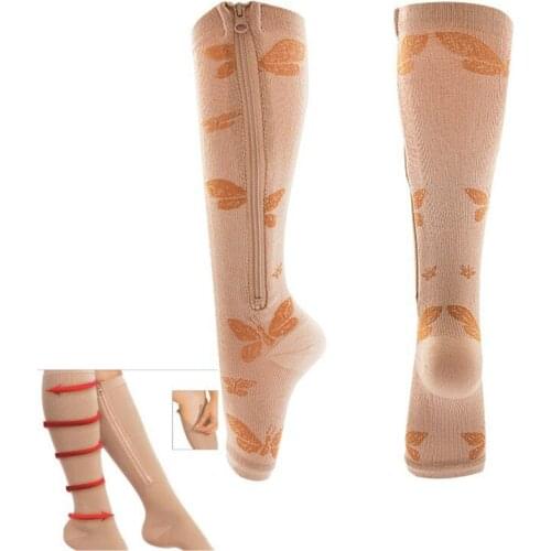 Unisex Open Toe Knee Zipper Compression Stockings Butterfly Pattern Slim Sleeping Beauty Leg support Prevent Varicose Veins