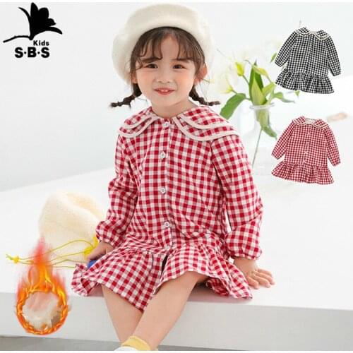 Childrens Clothing Autumn and Winter Thick Coral Fleece Plaid Girls Dress Korean Version Double Layer Lapel Ruffled Girls Dress