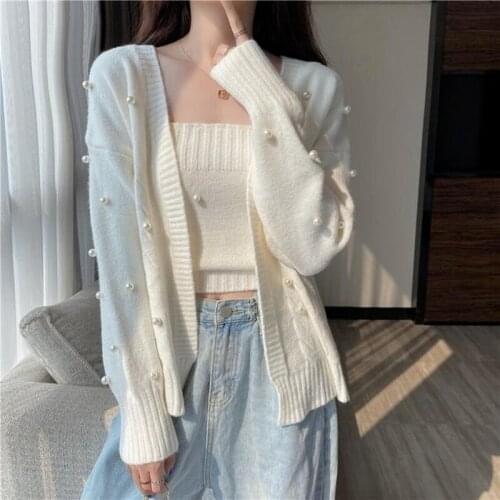 Korobov Korean Sweet Chic Women Sweaters Japanese V Neck Long Sleeve Cute Cardigans 2021 New Pearls Embroidery Cardigan