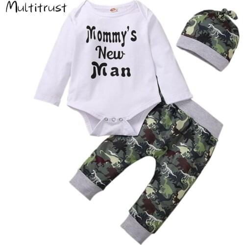 3 PCS New Born Boy’s Suit Toddler Boy O-neck Long Sleeve Letter Print Bodysuit Dinosaur Print Long Trousers and Hat