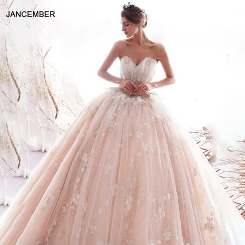 LDR03 Champagne 2021 New Bridal Wedding Dress Shell Elegant Long Trailing Flowers Print Lace Sequins свадебное платье бохо