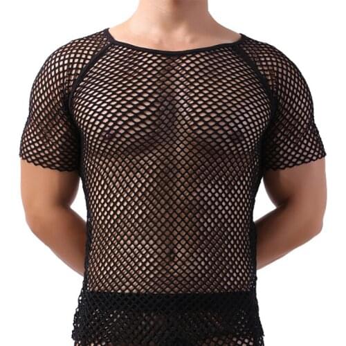 Men Undershirts Shorts Sleeve Hollow Out T-shirts Sexy Mesh Fishnet Shirts Sheer Slip Sleepwear Sports Causal Loose Top Camiseta