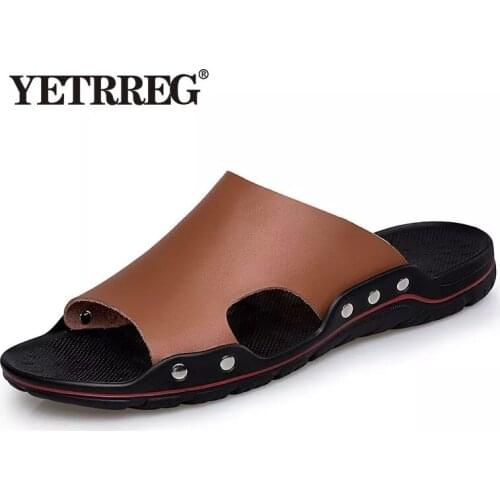 2019 New Men Slippers Summer Flat Summer Man Shoes Breathable Beach Slippers Split Leather Flip Flops Mens Slippers Size 38-48