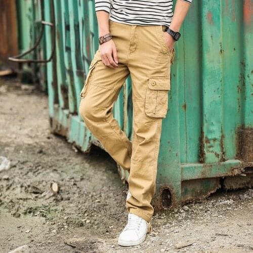 2021 Mens Spring Straight-Leg Pants Youth Loose Multi-Pocket Workwear Trousers