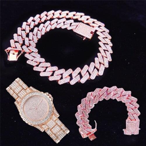 3pcs Kit Hip Hop 20MM Iced Out 3 Row Full Rhinestones Gold Cuban Link Bling Necklace+Watch+Bracelet For Men Jewelry