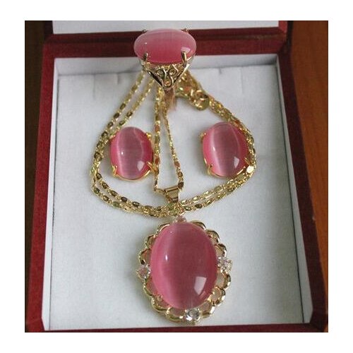 Noblest 18k Inlay pink cats eye jade Necklace Earring Ring set
