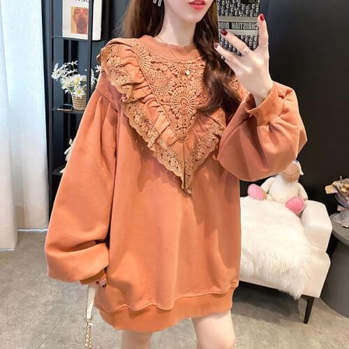 2021 Autumn and Winter New Korean Style Lace Stitching Drawstring round Neck Thin All-Matching Ins Style Trendy Sweater