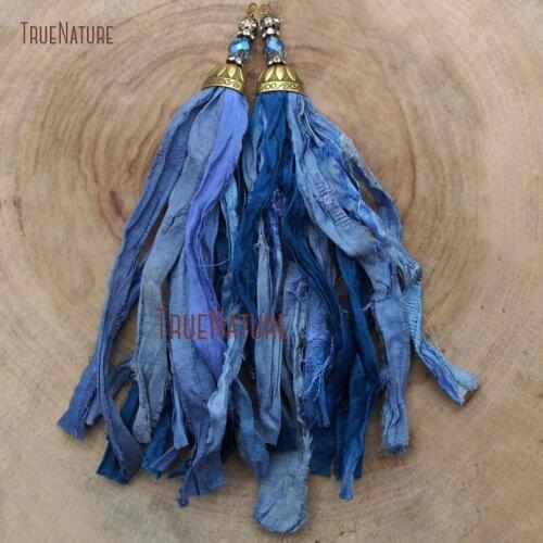 Wholesale Boho Tassel Jewelry Antique Bronze Tulip Blue Shades Sari Silk Tassel Pendant With Facet Oval Beads In 6.8 inch PM9150