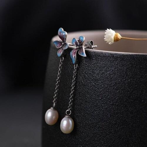 Original design cloisonne enamel porcelain craft long pearl earrings Chinese retro elegant charm womens silver jewelry