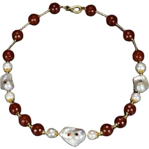 GG Jewelry 20" White Cultured Keshi Pearl Red Agate Crystal Necklace