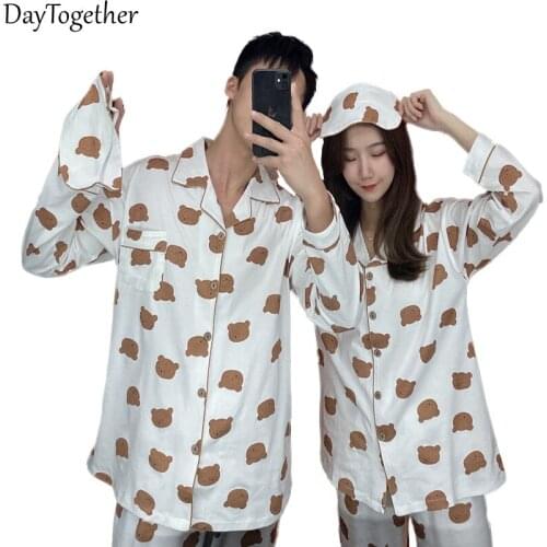 Pajamas for Couples Long Sleeve Pyjamas Cotton Home Pants Cartoon Print 2 Pieces Sleepwear Men