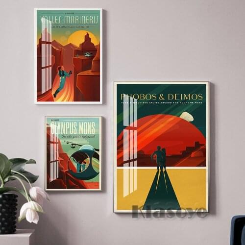 Mars Mons Canvas Prints Red Planet Poster Retro Futurism Space Art Tourism Advertising Wall Stickers Travel Picture Home Decor