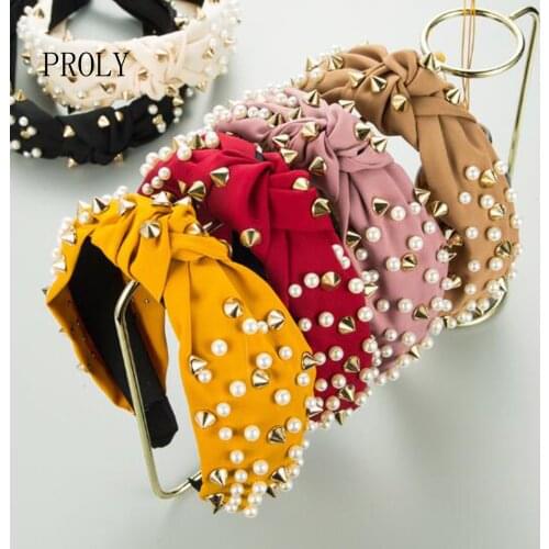 PROLY New Fashion Women Hairband Rivet Pearls Headband Center Knot Headwear Turban Adult Hair Accessories