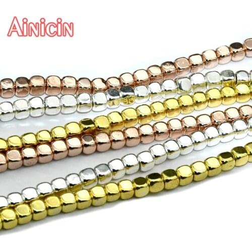 Rose Gold Silver Real Gold Plating 3mm Cube Shape Cubic Hematite Strand Loose Beads Fashion Bracelet Making Findings 5pcs