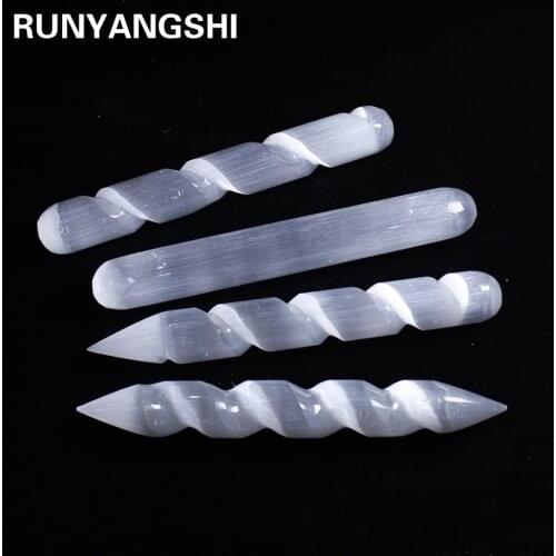 Runyangshi 1pc Selenite Crystal Wand Healing Massage Spiral Polished Log Stick Gypsum Cleanse