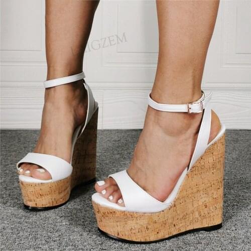 DOHBANER Women Sandals Platform Wedges Faux Leather High Heels Pumps Height Increasing Laies Shoes Woman Large Size 46 48 50 52