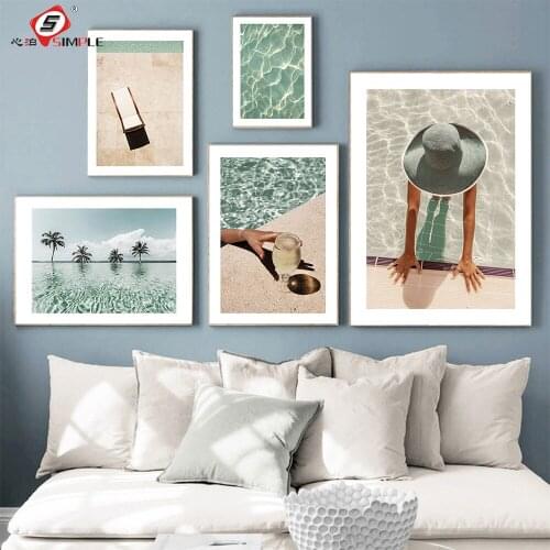 Nordic Green Seascape Canvas Posters Infinity Pool Wall Art Print Painting Sunrise Turtle Pictures For Modern Ligroom Home Decor