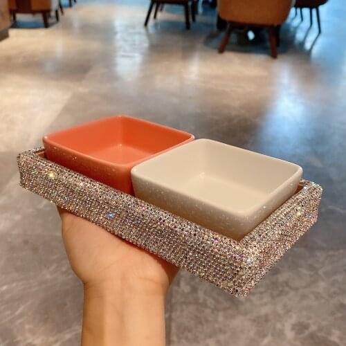 Sparkling Bowls and Plates Ceramic Snacks Stand Rhinestones Dishes and Plates Sets Serving Tray Fruit Holder Candy Salad Bowl