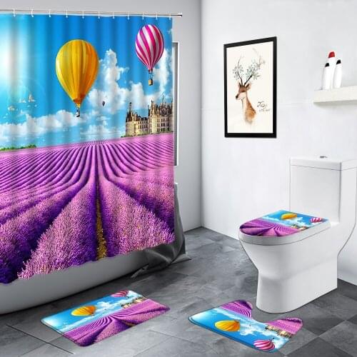 Hot Air Balloon Purple Lavender Flowers Rural Scenery Shower Curtains Sunshine Castle Bathroom Decor Non-slip Rug Bath Mats Sets