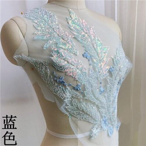 1Piece Embroidered Lace Applique Beaded Pearls Fabric Clothes Sewing Craft Lace Trim Decoration Ivory Blue Pink Free Shipping