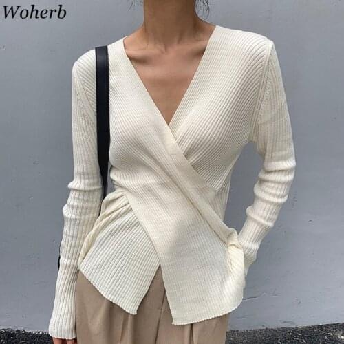 Woherb Korean Elegant Pullover Jumpers Solid Cross V Neck Long Sleeve Knitted Tops New Chic Autumn Thin Basic Sweater Femme