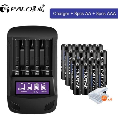 PALO 8pcs AA battery rechargeable 1.2V or 8pcs rechargeable AAA batteries+LCD USB AA AAA battery charger quick smart charger