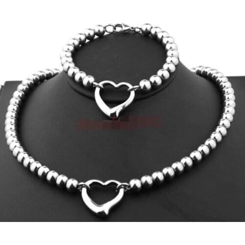 Womens Fashion Handmade Stainless Steel Sollid Ball Beads Chain Love Heart Charms Bracelet +Necklace Set Birthday Gifts
