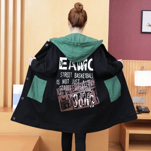 Color-Blocking Hooded Denim Jacket Womens Spring Autumn New 2021 Loose Plus Size Mid-Length Casual Jeans Jacket Femme Vest