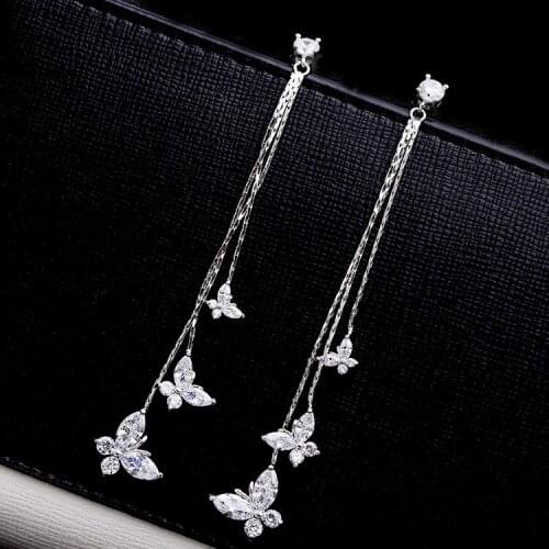 SWOUR New Fashion Jewelry S925 Sterling Silver Cubic Zircon CZ Butterfly Simple Design Tassel Long Stud Earrings For Women S287