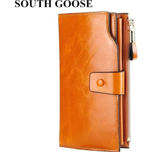 SOUTH GOOSE 2019 Women Wallets Genuine Leather Long Design Clutch Cowhide Wallet Female RFID Credit Card Holder Large Money Bag