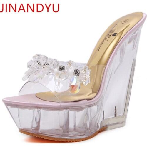 Crystal Women14CM High Heel Slippers Wedge Platform Heels Sapatos Feminino Transparent Sandals Wild Summer Nightclub Sexy Mules