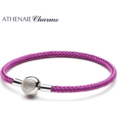 ATHENAIE Colorful Wire Charms Bracelet with 925 Sterling Silver CZ Love Heart Clasp for Women Fit Charm Beads DIY Gift