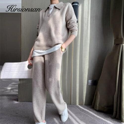 Hirsionsan Cashmere Turn Down Neck Knitted Sets Women 2021 Winter Casual Two Pieces Sweater and Pants Loose Outfits Tracksuit