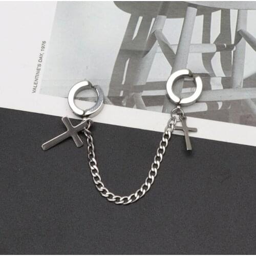 1Pc Hip Hop Double Pierced Hoop Huggie Dangle Chain Drop Earring Studs Ear Cuffs