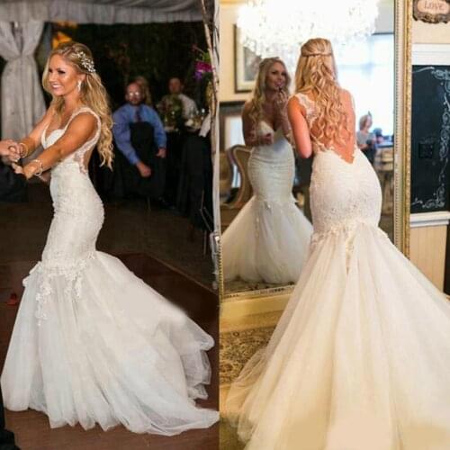 2020 High Quality Lace Appliqued Mermaid Wedding Dress Pleated Tulle Long Bridal Gown Plus Size Custom Made
