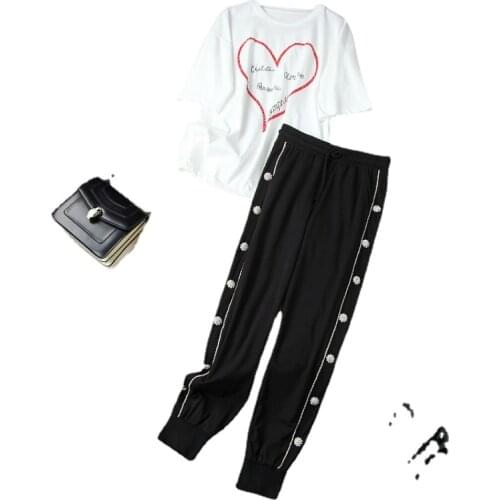 2021 Short Sleeve T-shirt Nail Bead Nine Minutes of Pants Fashion Suits European and American Womens Wear for Spring