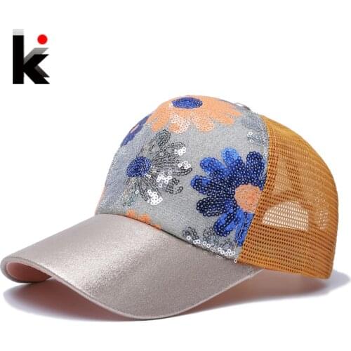 Girls 5 Panel Trucker Cap Drake Sun Breathable Hat Summer Baseball Cap Sequins Flashes Sunflower Hats For Women