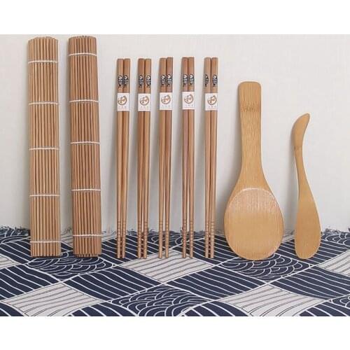 9Pcs/set Sushi Maker Roller Bamboo Rolling Japanese Sushi Making Tools Mats Chopsticks Rice Spreader Wood Sushi Spoon Knife