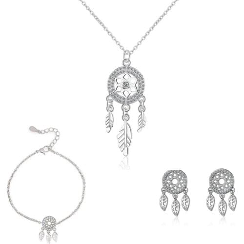 925 Sterling Silver Tassel Dreamcatcher Feather Charm Necklace Earrings Rings Bracelet For Women Jewelry Set Pendientes eh1140