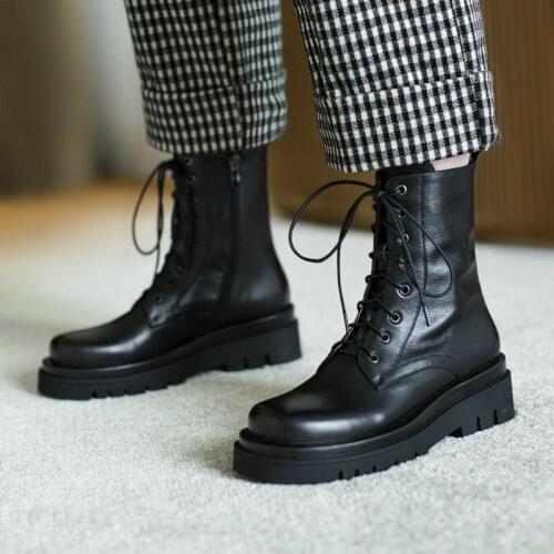 Genuine Leather Women Ankle Motorcycle Boots Vintage Retro Side Zipper Chunky Heels Winter Boots Shoes Woman