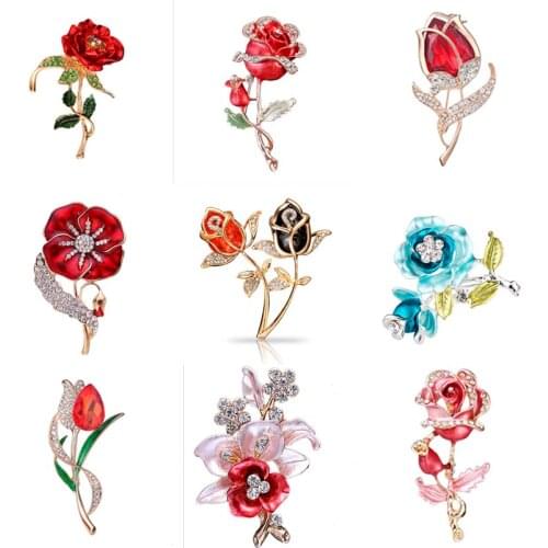 JINGLANG Fashion Handmade Couple Rhinestone Plant Flower Collection Rose Flower Brooch Pin for Women Lady Costume Jewelry