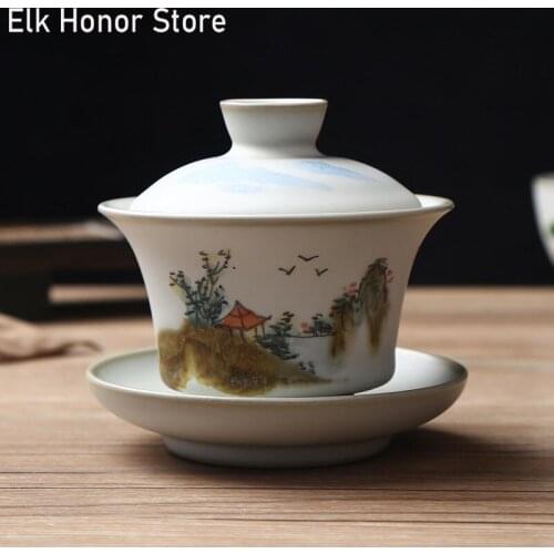 150ml Ru Kiln Tea Tureen Gracked Sancai Tea Cup Handmade Ceramic Landscape Art Tea Bowl With Saucer Lid Kit Kung Fu Tea Teaware