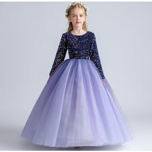 Flower Girl Dresses Illusion Luxury Princess Full Sequined O-Neck Ball Gown Floor-Length Tulle Elegant Lace Kid Party Skirt H079