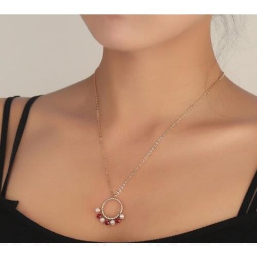 Elegant White Beads Red Rhinestones Ring Pendant Necklaces Dangle Round Charm Ethinic Colliar Jewelry