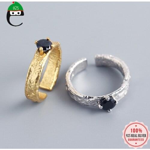 ElfoPlataSi Minimalist Real 925 Sterling Silver Sweet INS Black CZ Opening Ring For Women Wedding Party Fine S925 Jewelry DA95