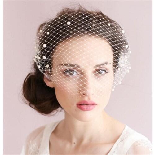 TOPQUEEN VA05 Russian Veiling Birdcage Veil Blusher Veil Hand Applied Pearl Beads Pearl Adorned Bandeau Russian Tulle Cage Veil