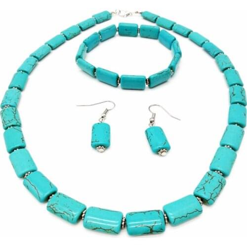 1 Set Fashionable Boho Blue Striped Necklace Earrings Bracelet Vintage Blue Turquoise Jewelry Set For Women Gift